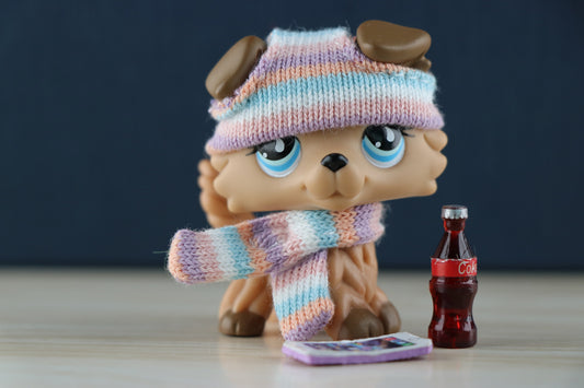 Littlest Pet Shop lps Brown Collie #893 with Accessories Beanie Scarf Coke Phone